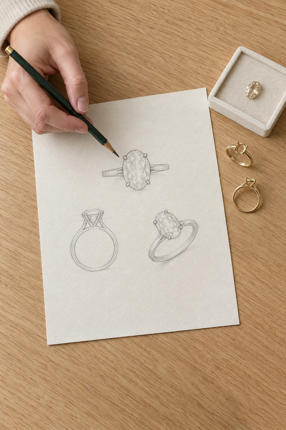 Illustrative custom ring design consultation with sketches and setting ideas