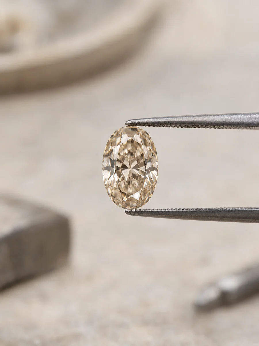 Illustrative champagne diamond held in jeweler's tweezers