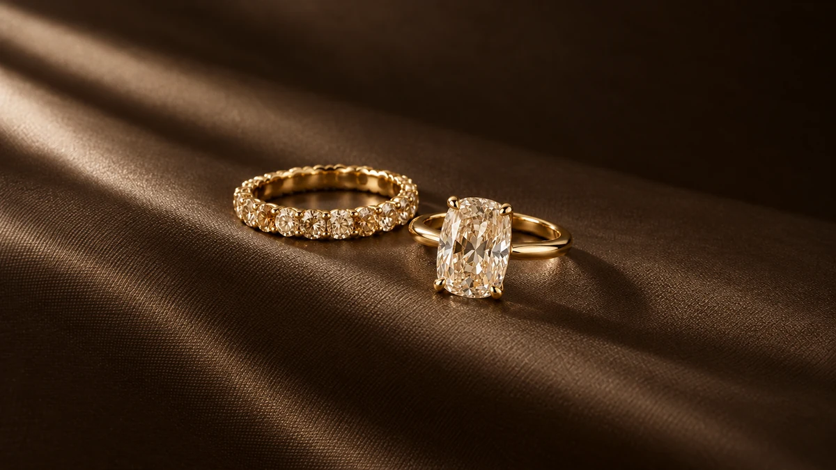 Design concept: a champagne diamond engagement ring in yellow gold paired with a yellow-gold wedding band set with champagne diamonds
