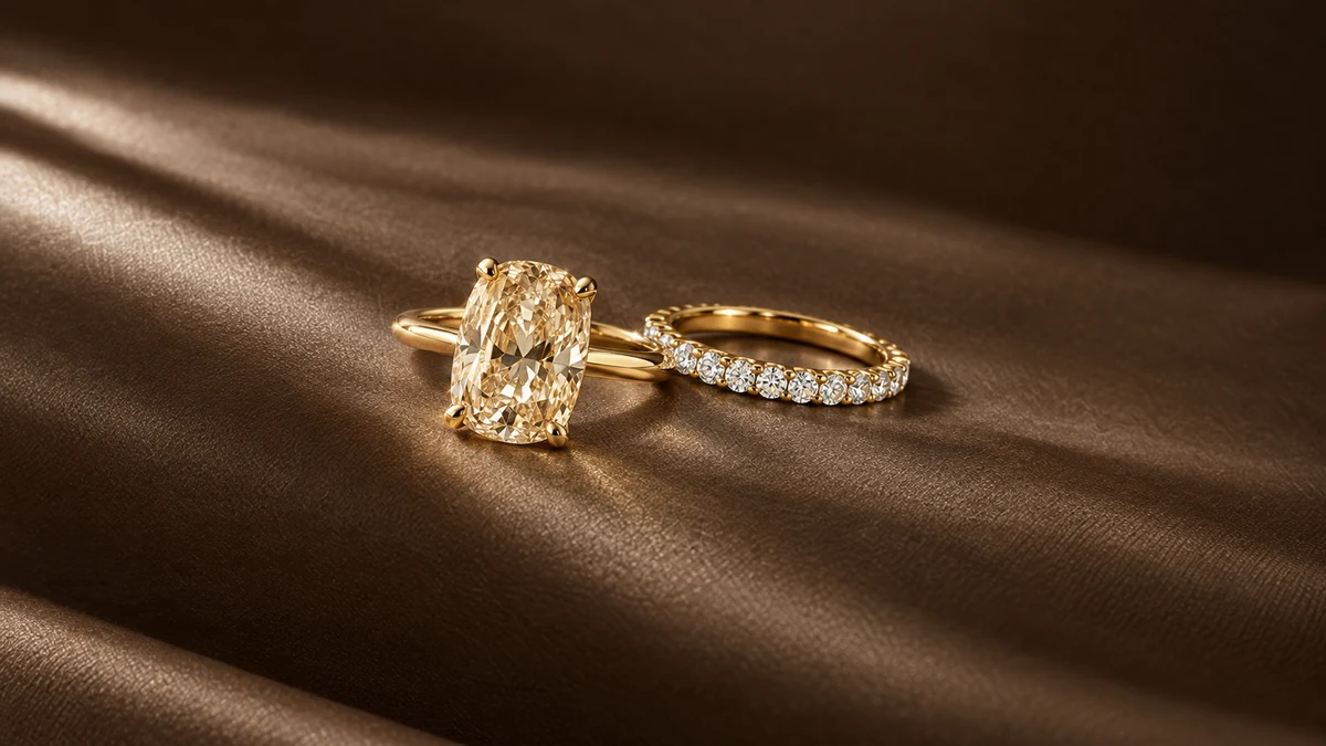 Design concept: a champagne cushion-cut diamond engagement ring beside a white-diamond wedding band, both in yellow gold