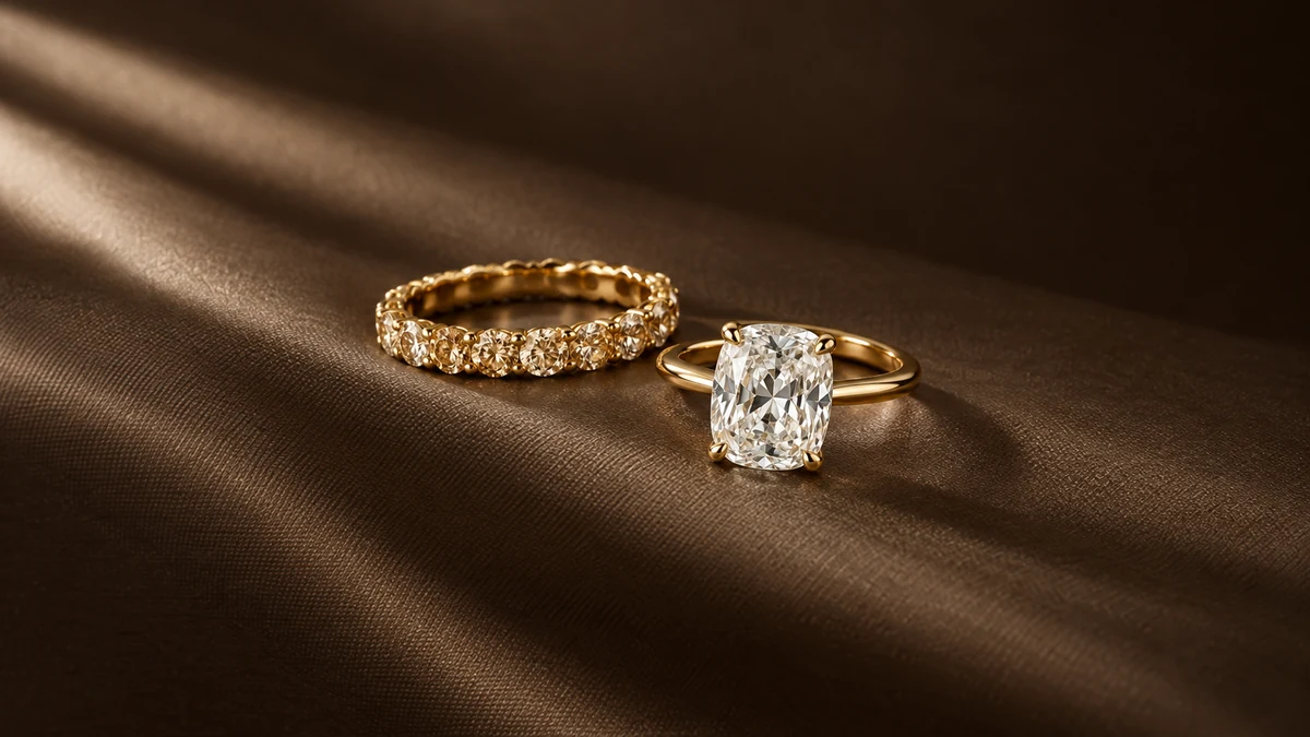 Design concept: a white cushion-cut diamond engagement ring beside a champagne-diamond wedding band, both in yellow gold